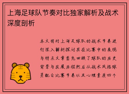 上海足球队节奏对比独家解析及战术深度剖析